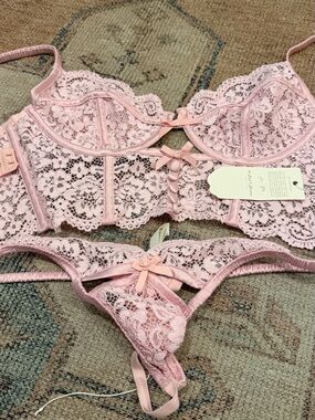 For Love And Lemons Pink Lace Balconette Bralette & Thong Set